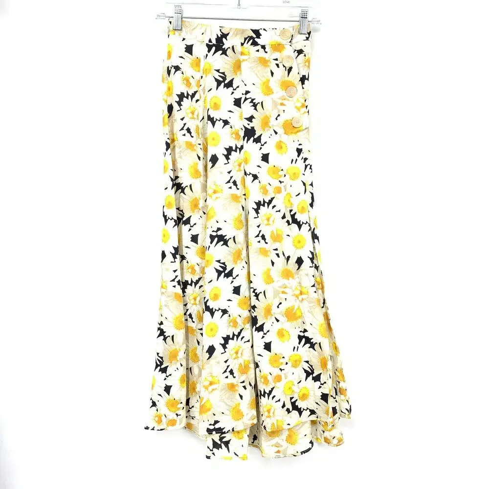 Zara Midi A-Line Skirt Womens Size XS White Yellow Daisy Print Elastic Waist